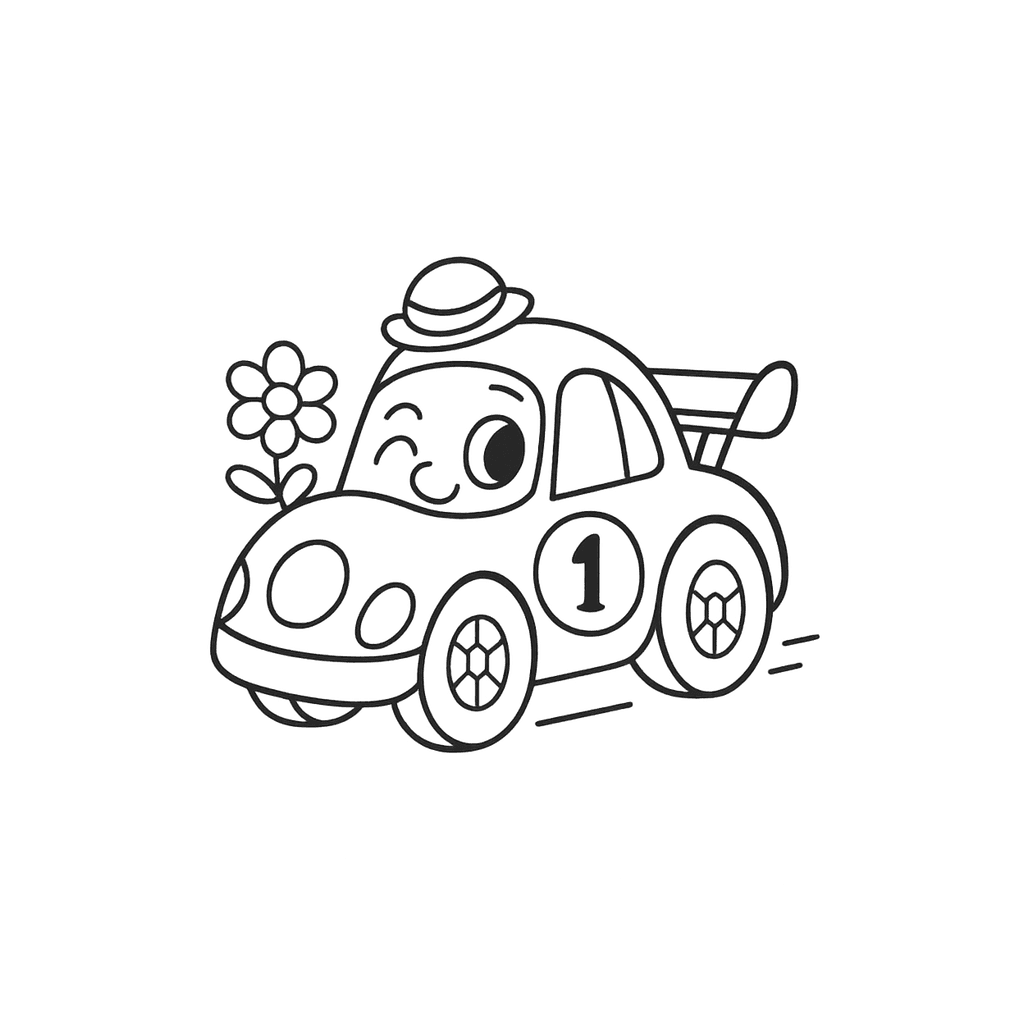 Black and white coloring page of a smiling race car wearing a hat, with the number 1 beside a flower