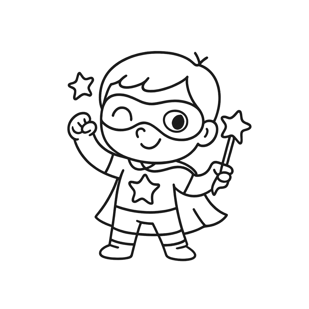 Black and white coloring page of kid superhero with a mask