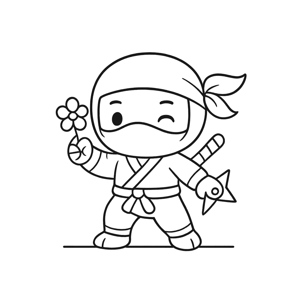 Black and white coloring page of a winking ninja holding a flower and a throwing star