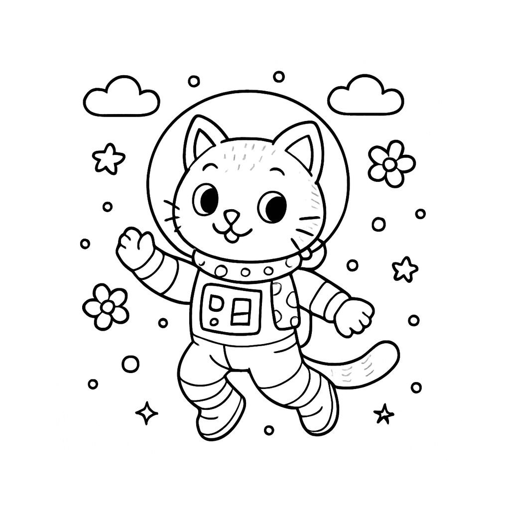 Black and white coloring page of astronaut floating in space