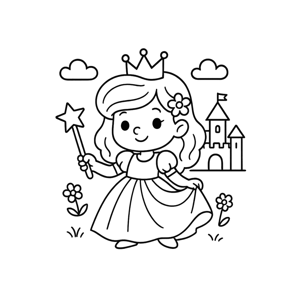 Black and white coloring page of castle princess in a flowing gown