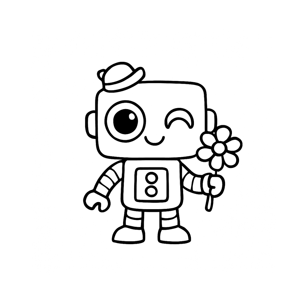 Black and white coloring page of a winking robot in a small hat holding a daisy-style flower